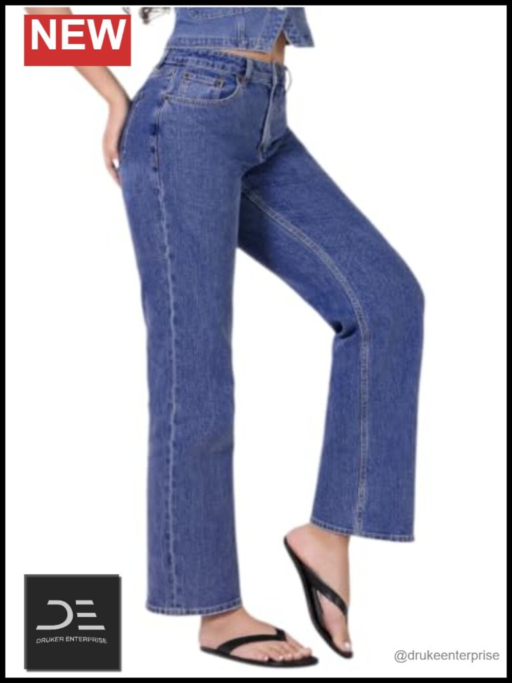 High Rise Straight Leg Jeans w/ Pockets in Stretch Denim, 93 Cotton